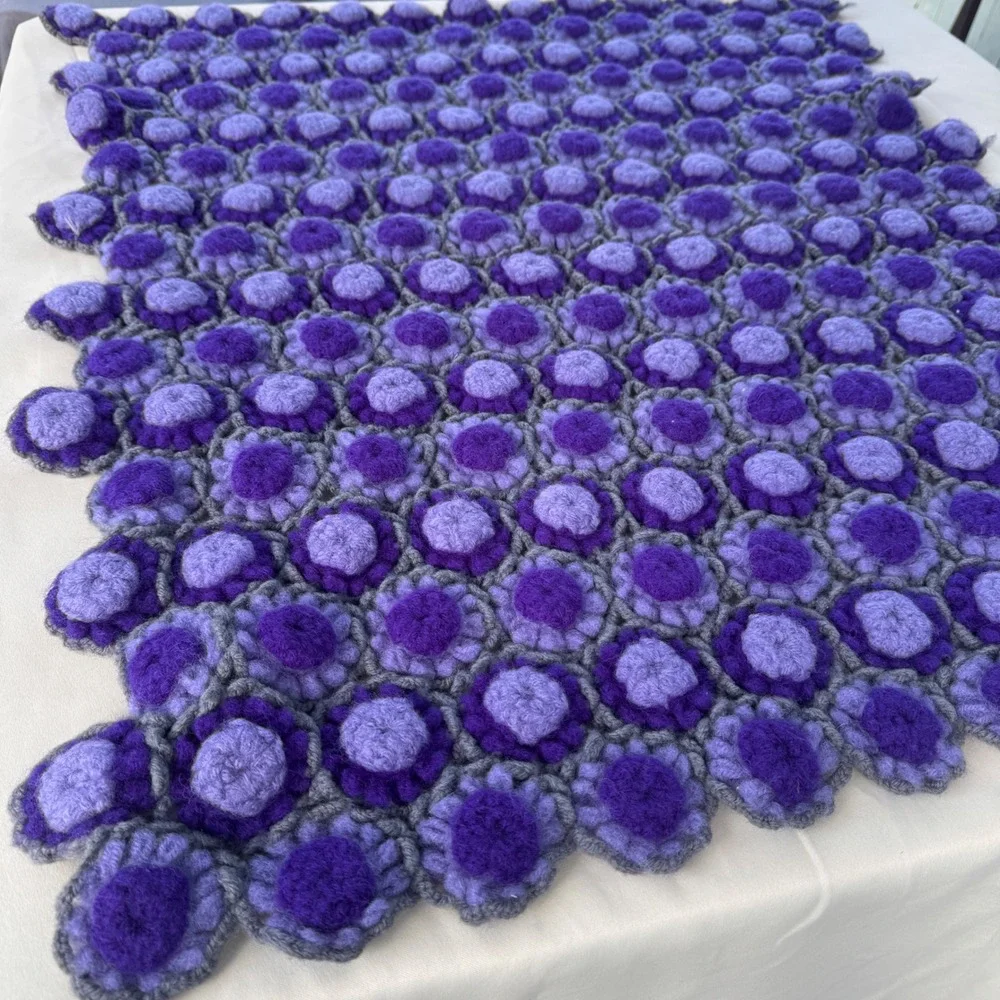 Handmade Crochet Wool 3D Puff Flower Lap Blanket Purple Lavender Throw 26x33